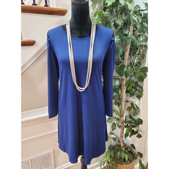 C Womens Blue Polyester Long Sleeve Round Neck Cold Shoulder Top Blouse Size L - Picture 1 of 15